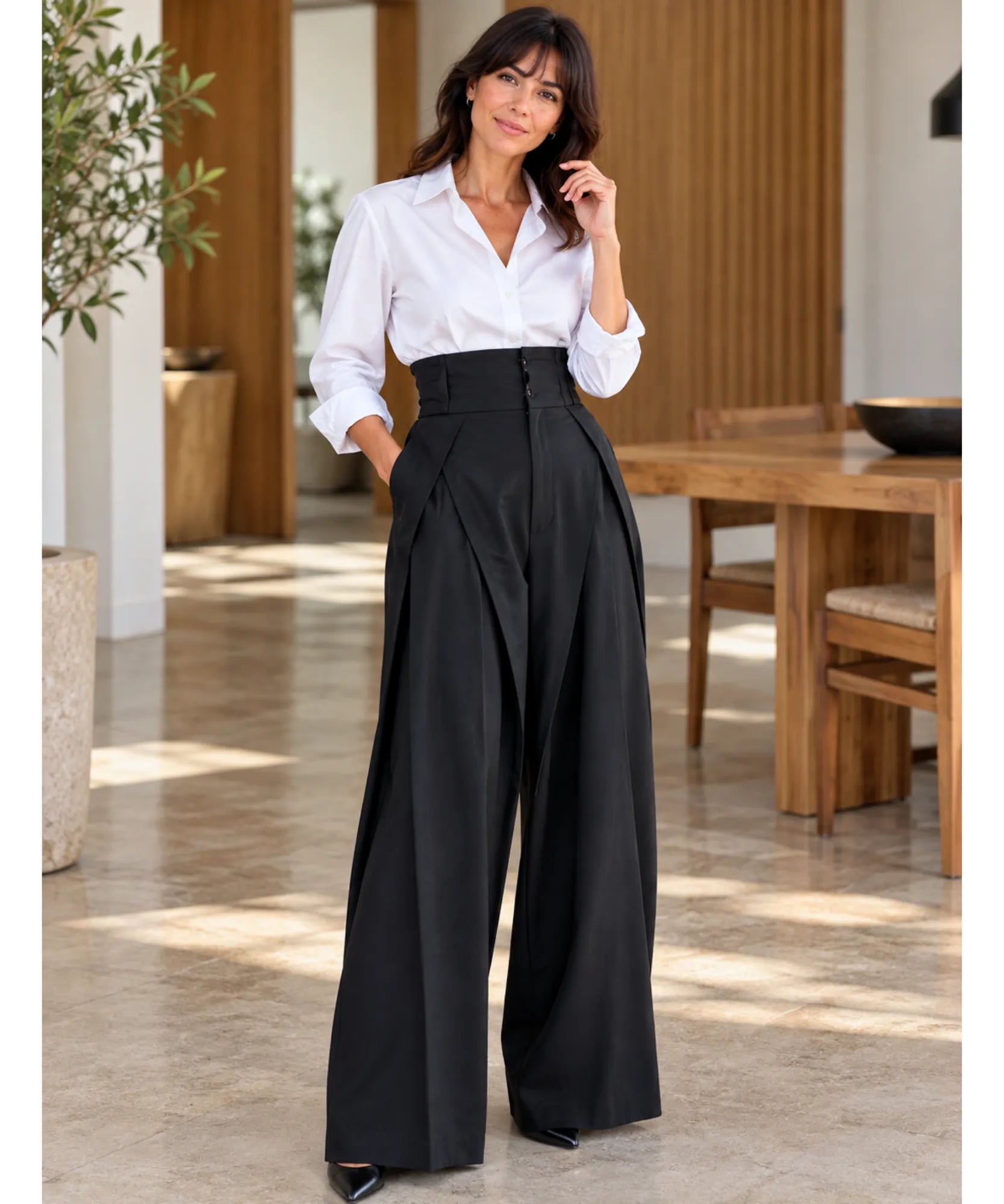 Comprar calça cós duplo wide leg social preto em promoção Anellimn