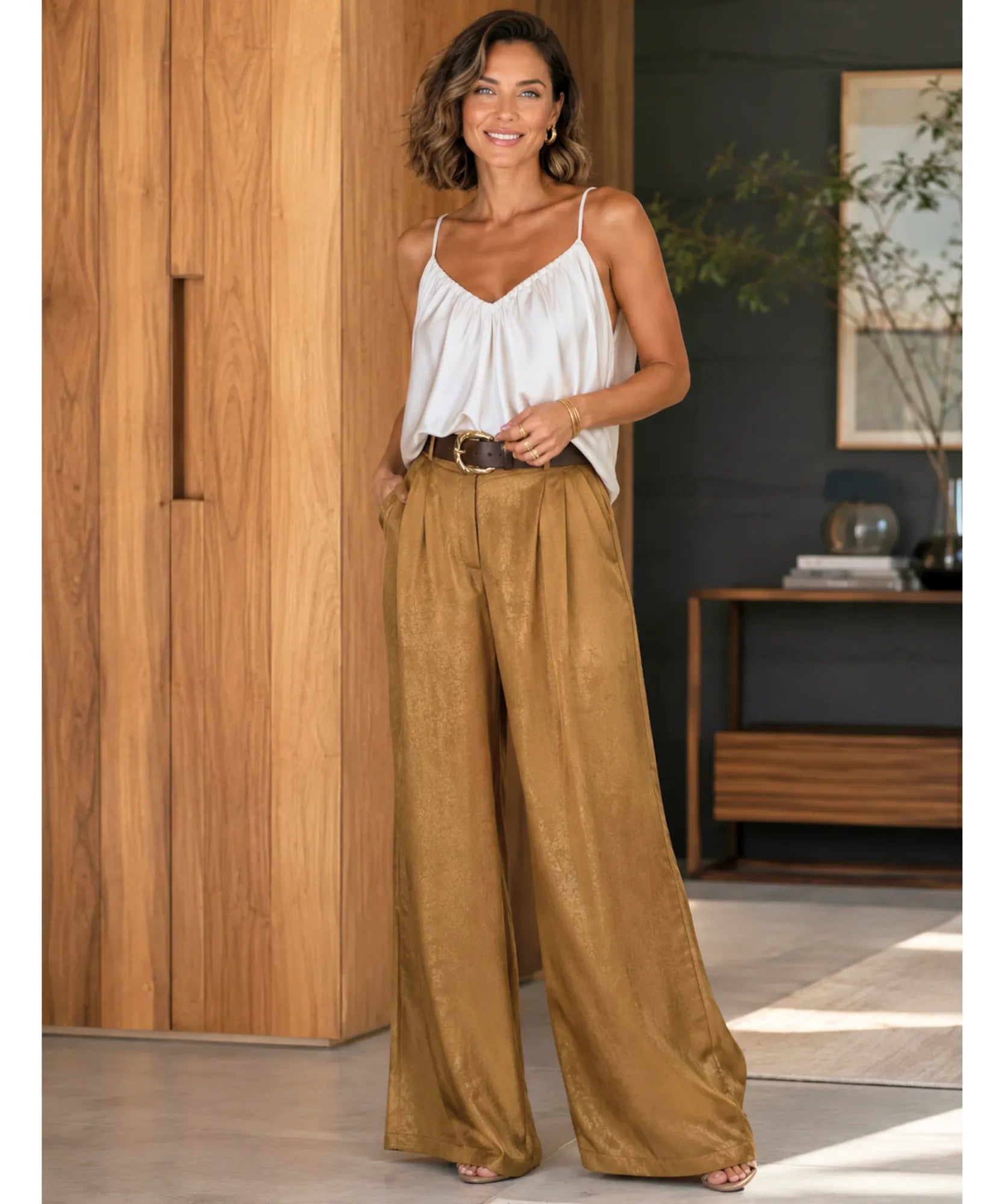 Comprar calça de cetim feminina pantalona caramelo cós alto em promoção Anellimn