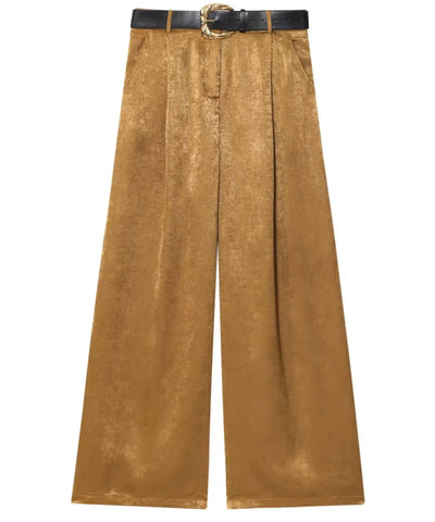 Comprar calça de cetim feminina pantalona caramelo cinto incluso em promoção Anellimn