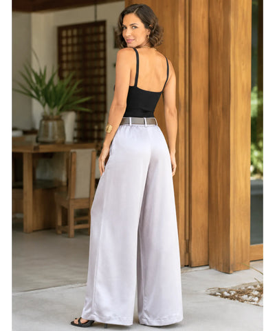 Comprar calça de cetim feminina pantalona cinza em promoção Anellimn