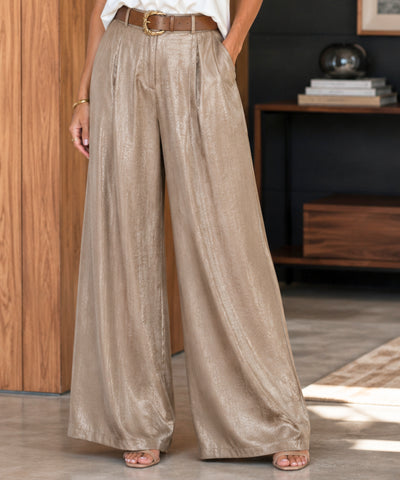 Comprar calça de cetim feminina pantalona dourado em promoção Anellimn