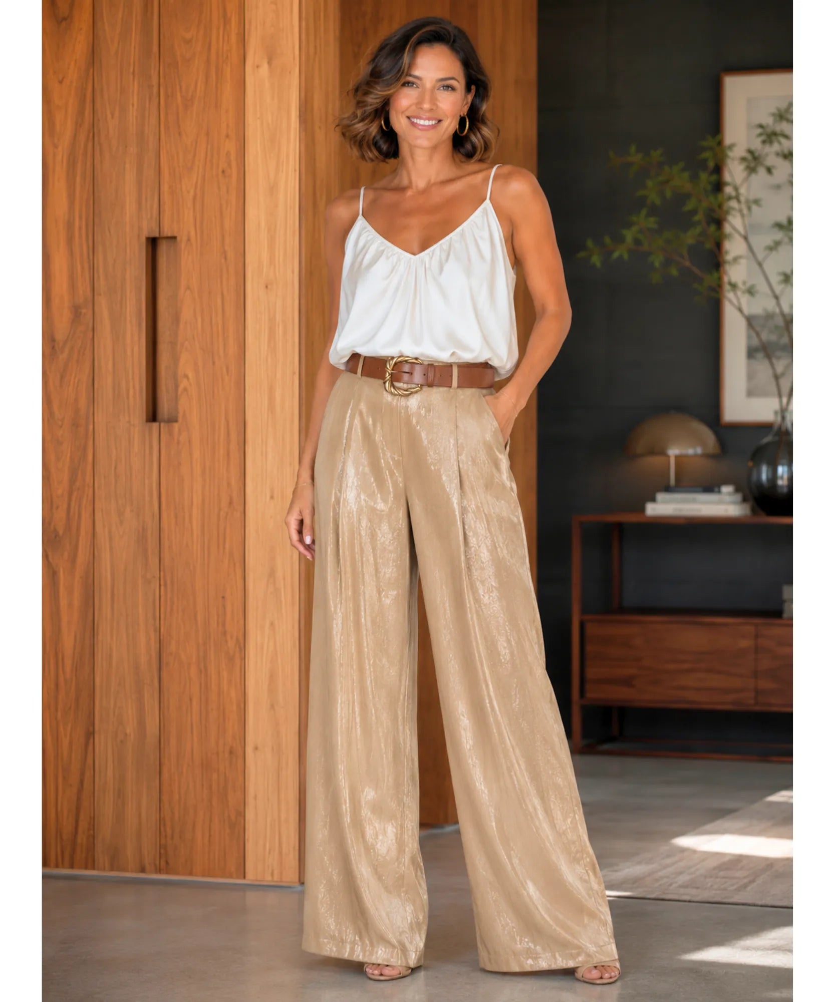 Comprar calça de cetim feminina pantalona dourado com cinto em promoção Anellimn