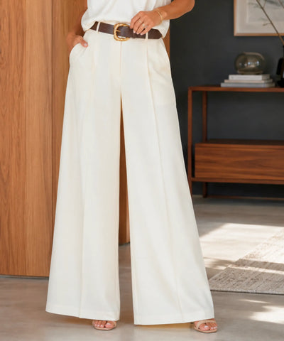 Comprar calça de cetim feminina pantalona off white em promoção Anellimn