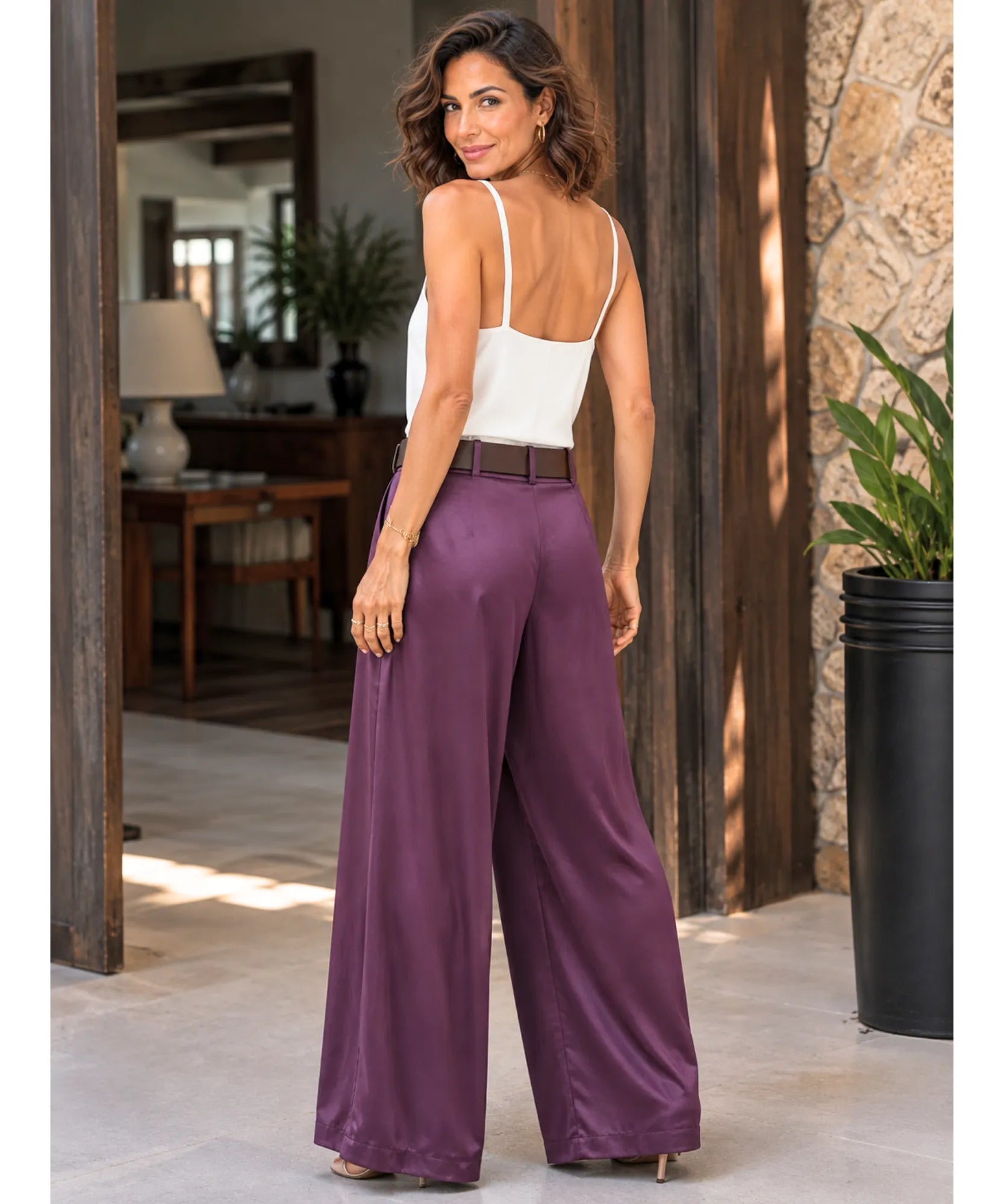 Comprar calça de cetim feminina pantalona roxo em promoção Anellimn