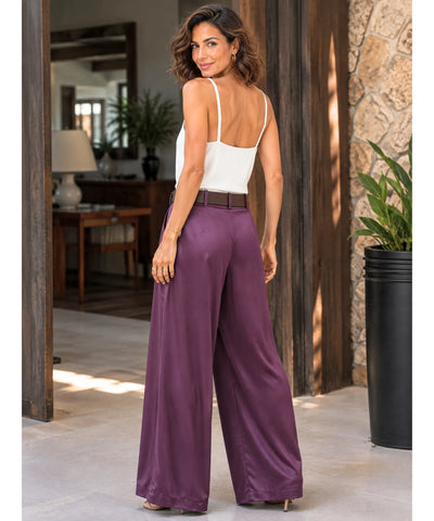 Comprar calça de cetim feminina pantalona roxo em promoção Anellimn