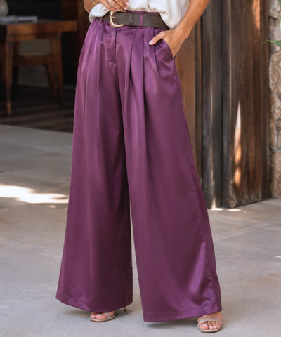 Comprar calça de cetim feminina pantalona roxo com pregas em promoção Anellimn