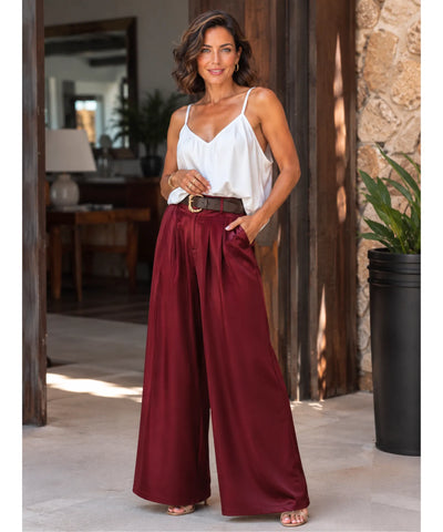 Comprar calça de cetim feminina pantalona vinho em promoção Anellimn