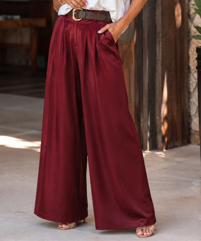 Comprar calça de cetim feminina pantalona vinho com cinto em promoção Anellimn