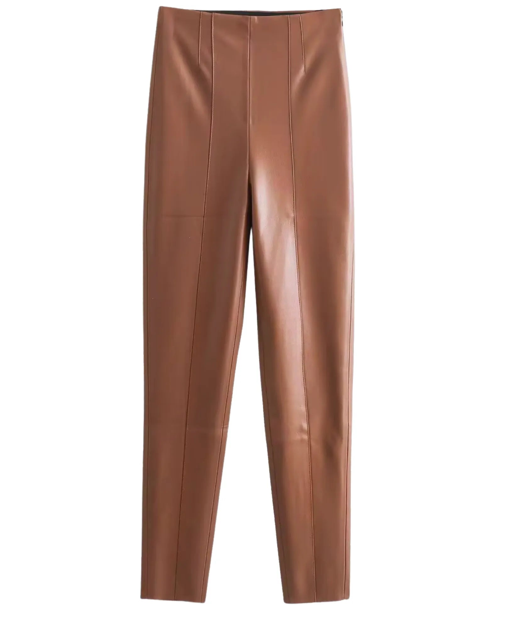 Comprar calça de couro feminina slim cintura alta com costuras decorativas e forro interno em promoção ZARA