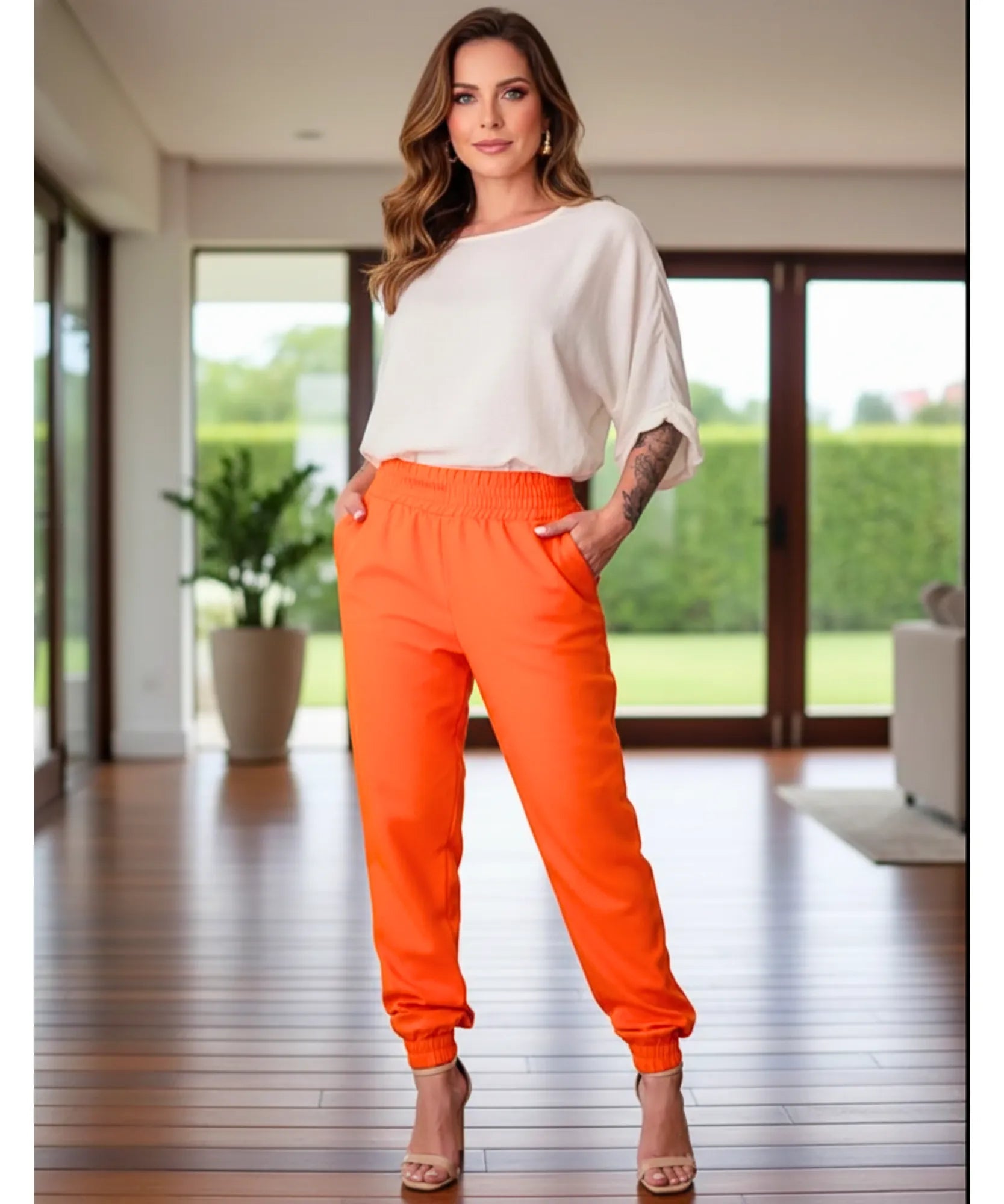 Comprar calça de linho feminina jogger cintura elástica punho na barra com forro e bolsos barata ZARA