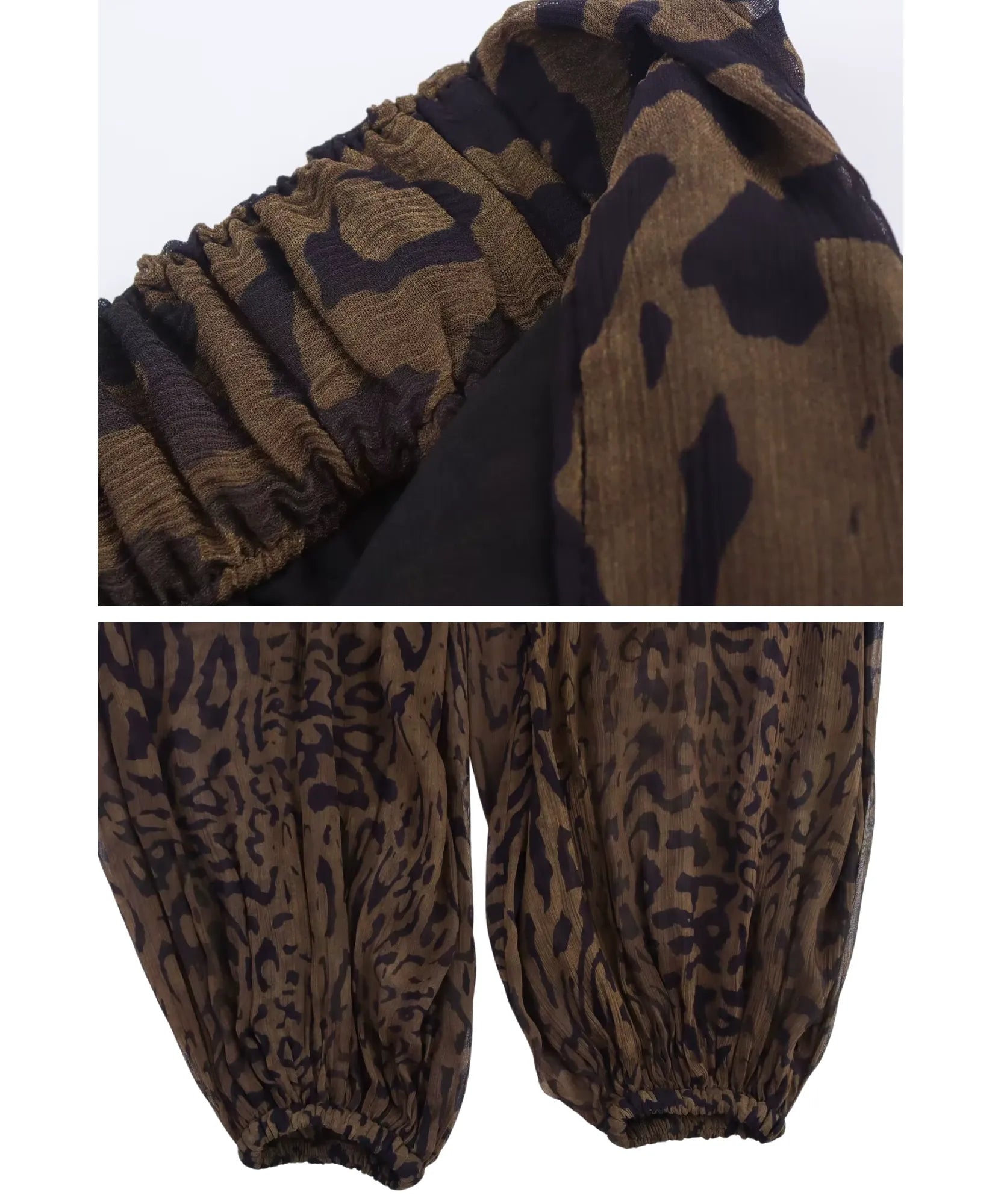 Calça de oncinha marrom detalhe do tecido chiffon e do acabamento da barra