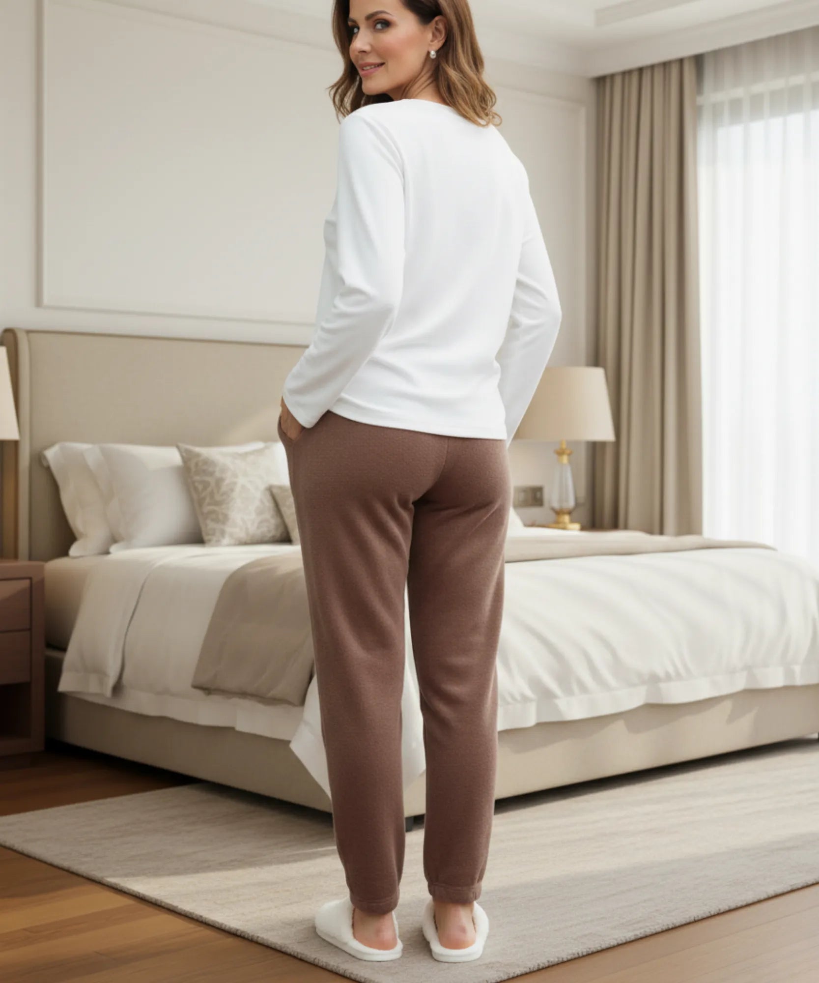 Comprar calça de pijama feminino fleece inverno jogger macio quentinho cintura elástica térmica barato ANELLIMN