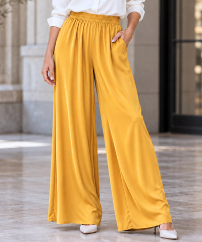 Comprar calça de seda pantalona feminina amarelo em promoção Anellimn