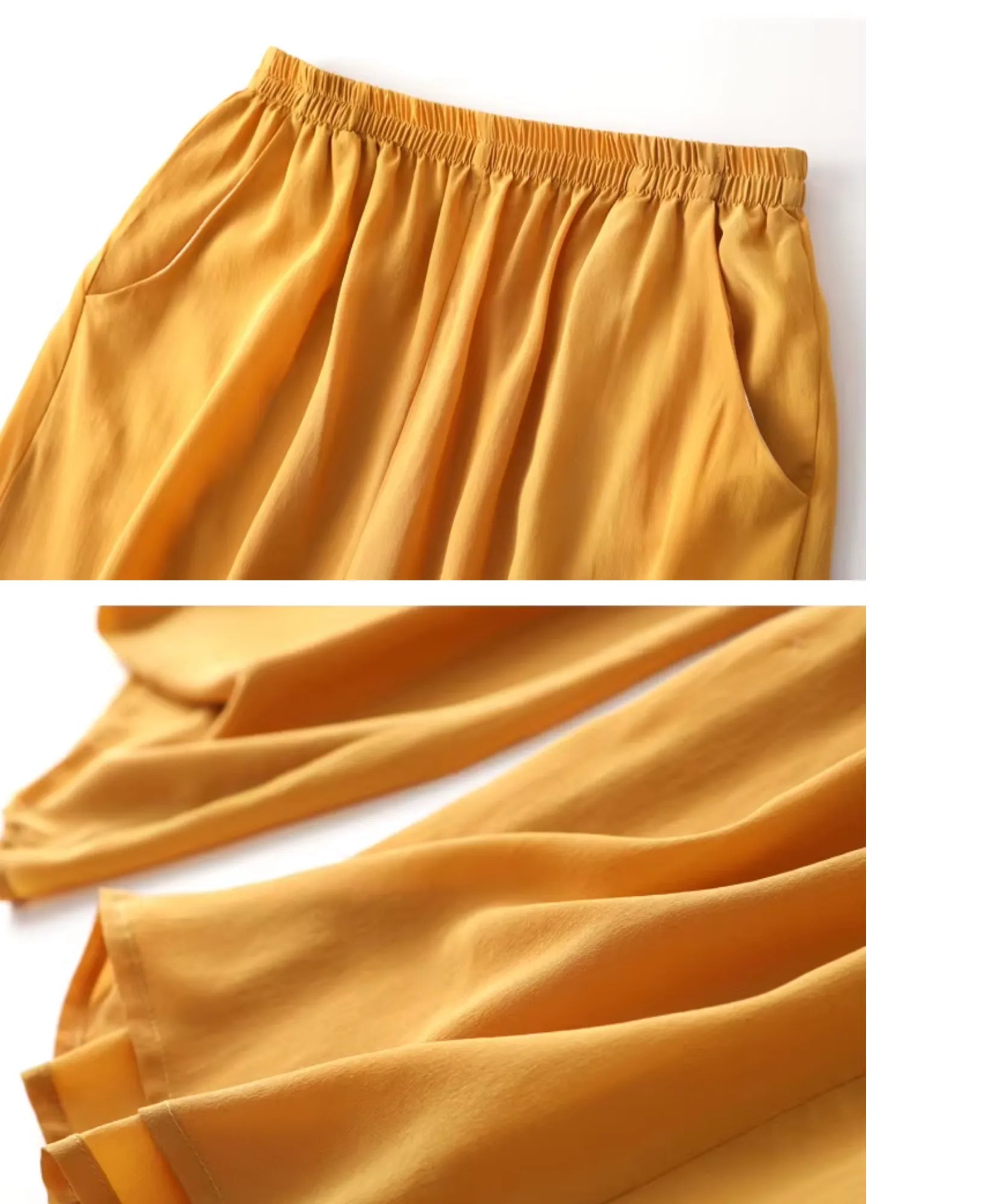 Comprar calça de seda pantalona feminina amarelo detalhe cós e bolso em promoção Anellimn
