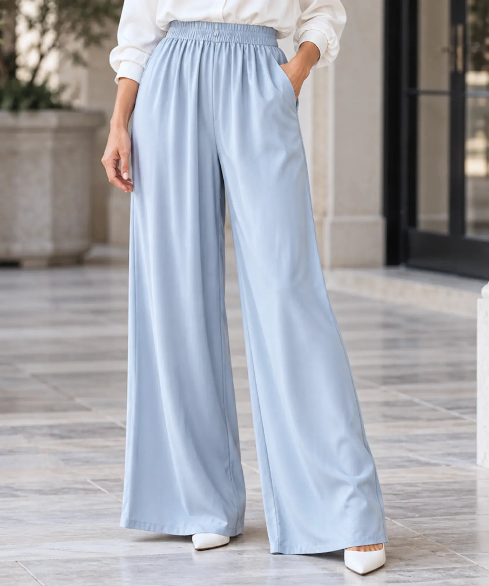 Comprar calça de seda pantalona feminina azul claro em promoção Anellimn