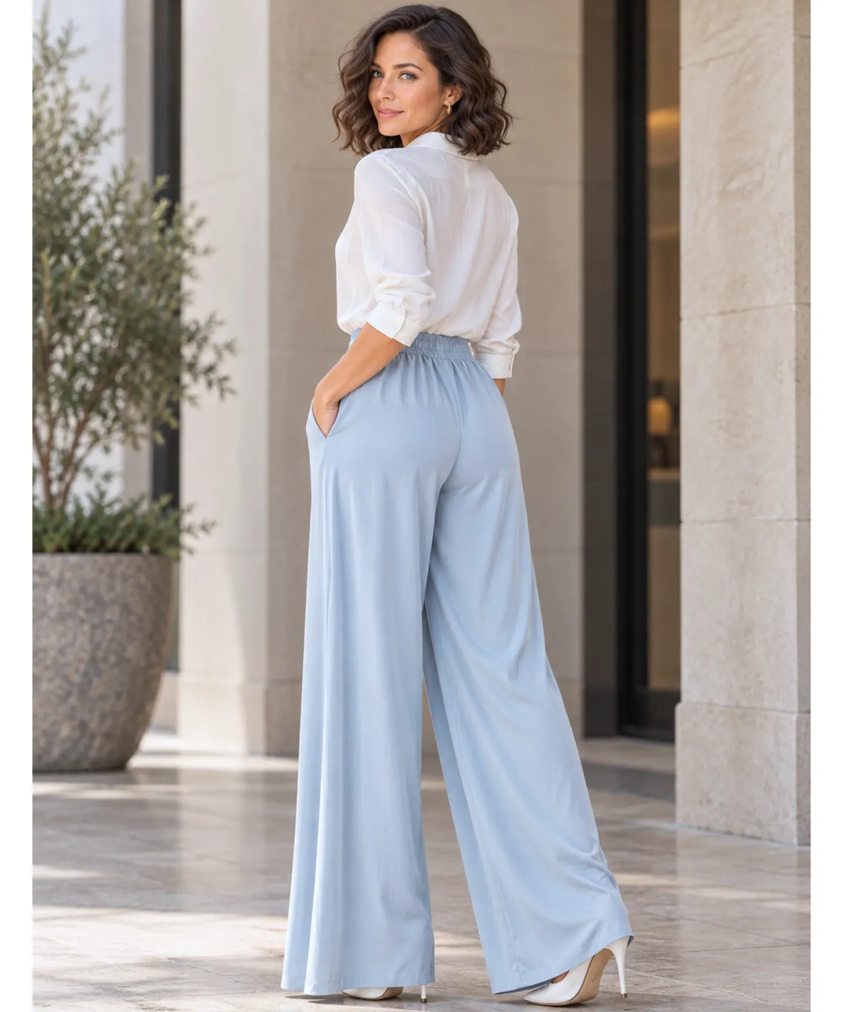 Comprar calça de seda pantalona feminina wide leg azul claro costas em promoção Anellimn