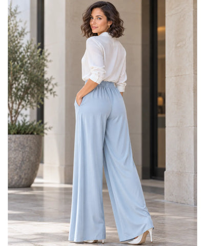 Comprar calça de seda pantalona feminina wide leg azul claro costas em promoção Anellimn