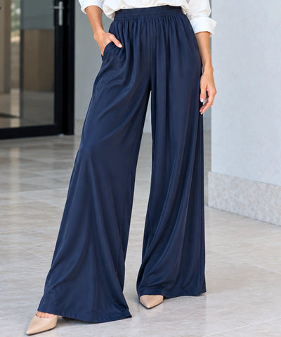 Comprar calça de seda pantalona feminina azul marinho em promoção Anellimn