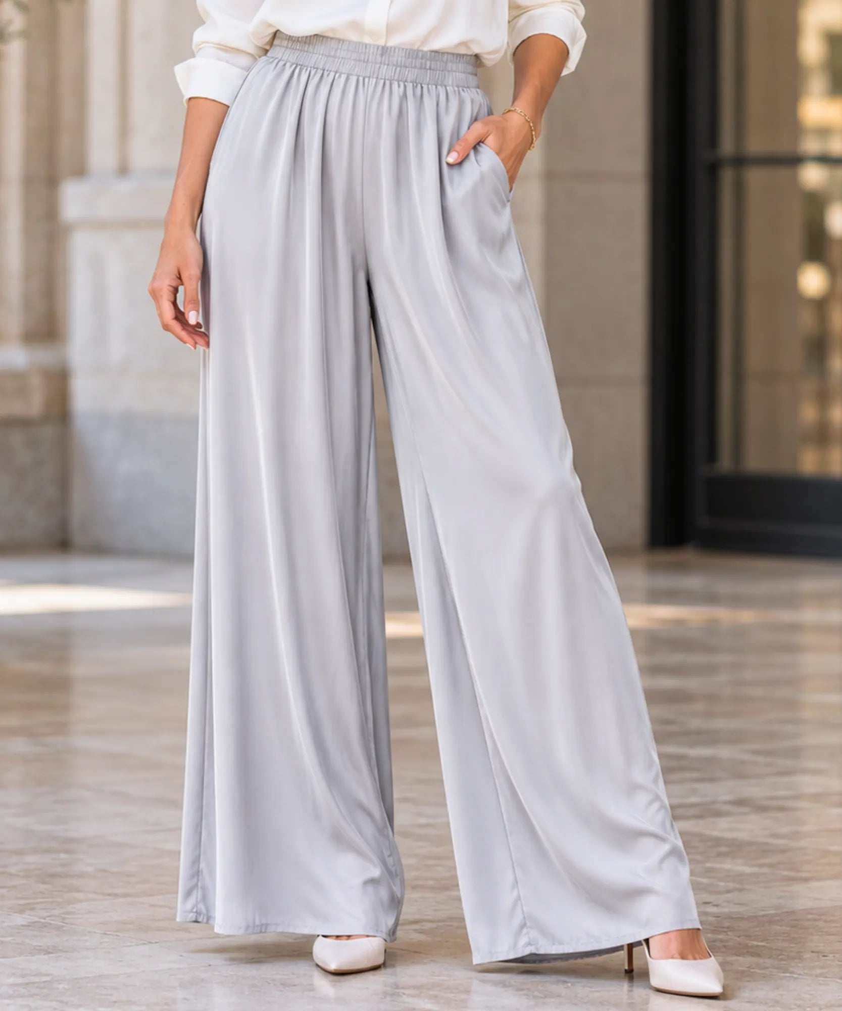 Comprar calça de seda pantalona feminina cinza em promoção Anellimn