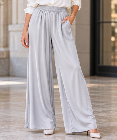 Comprar calça de seda pantalona feminina cinza em promoção Anellimn
