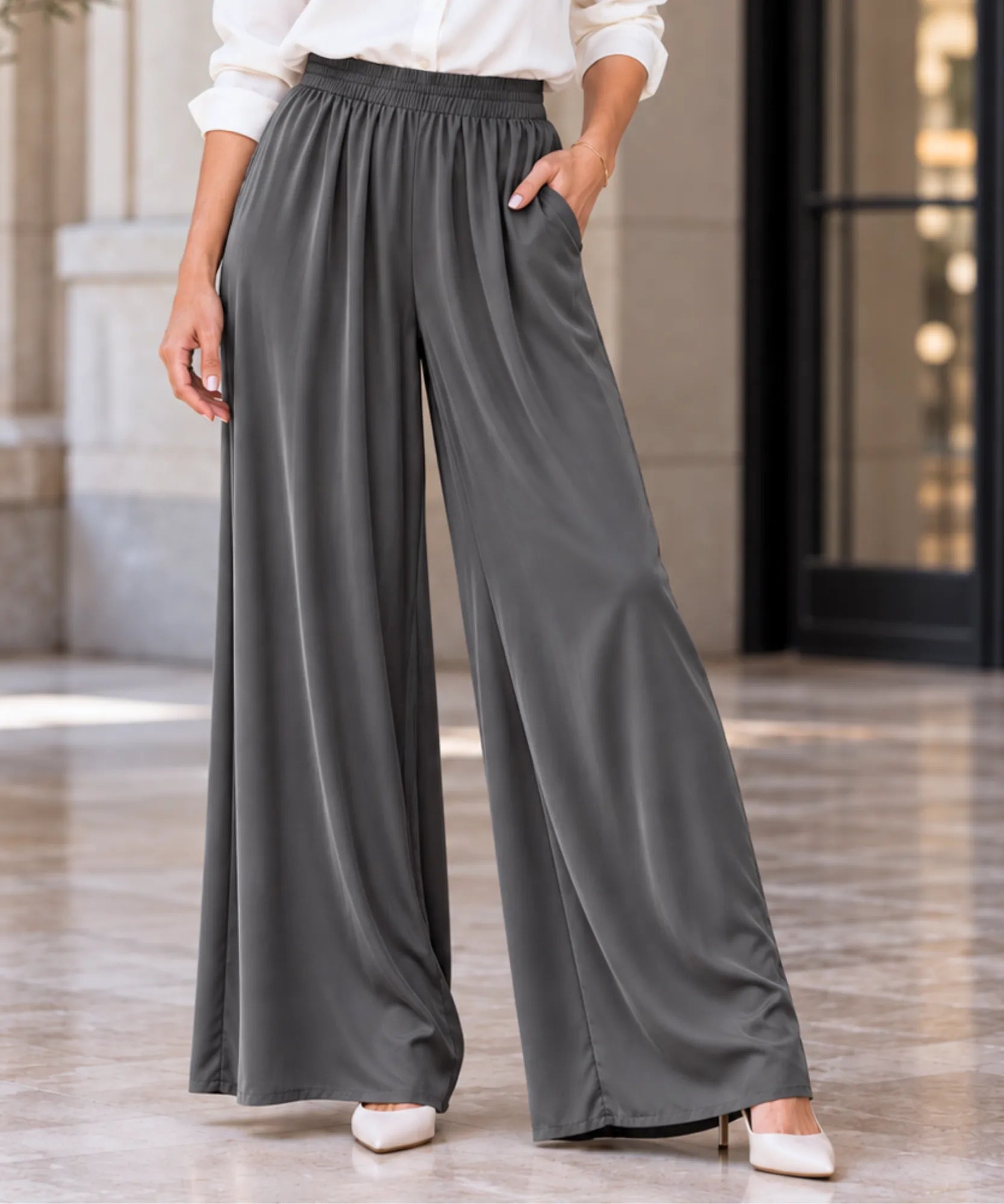 Comprar calça de seda pantalona feminina cinza escuro em promoção Anellimn