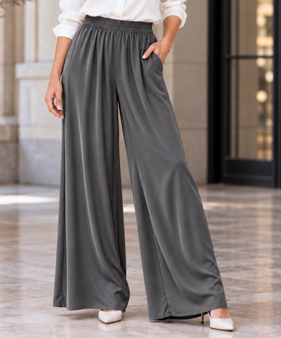Comprar calça de seda pantalona feminina cinza escuro em promoção Anellimn