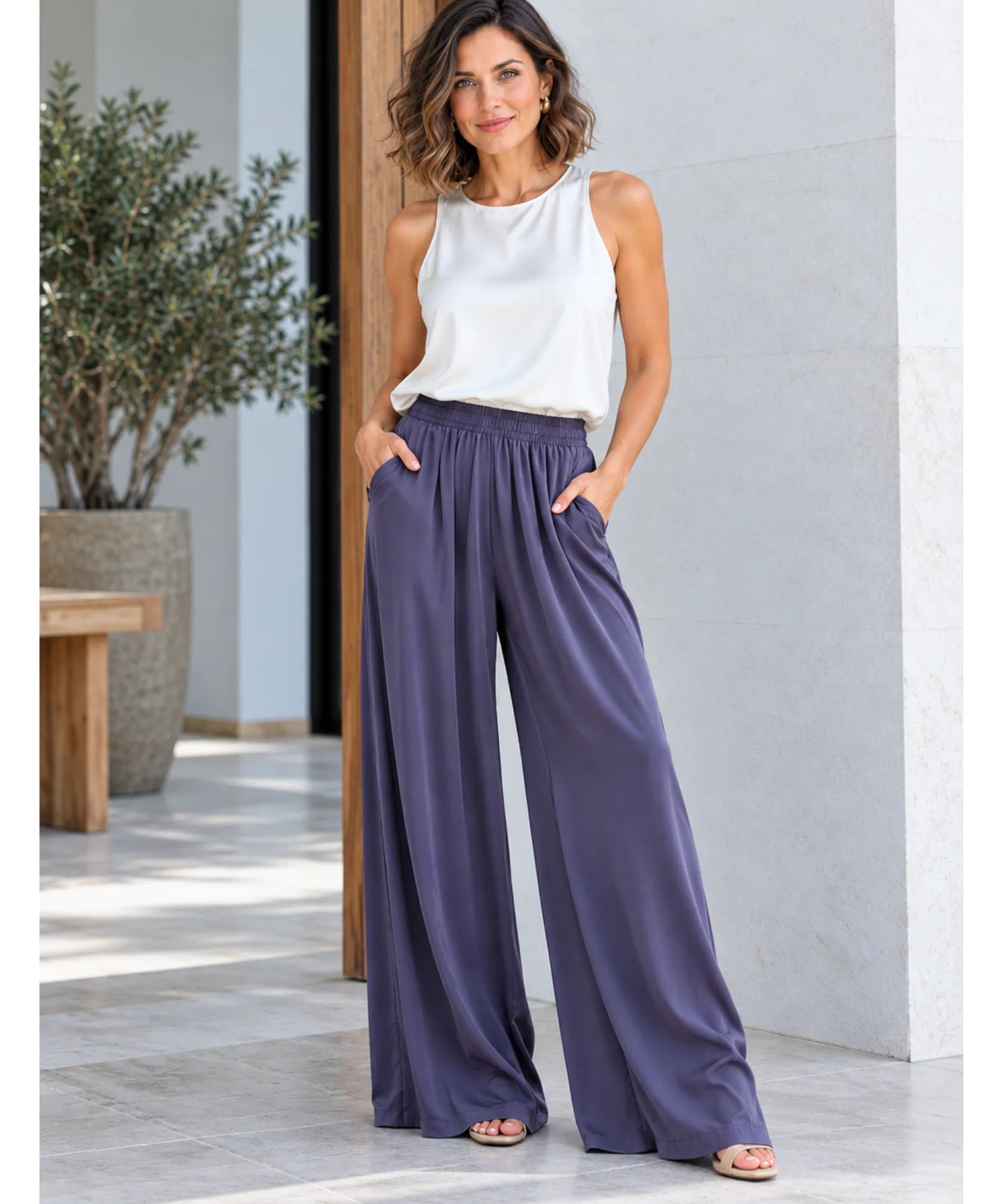 Comprar calça de seda pantalona feminina cós elástico lilás em promoção Anellimn
