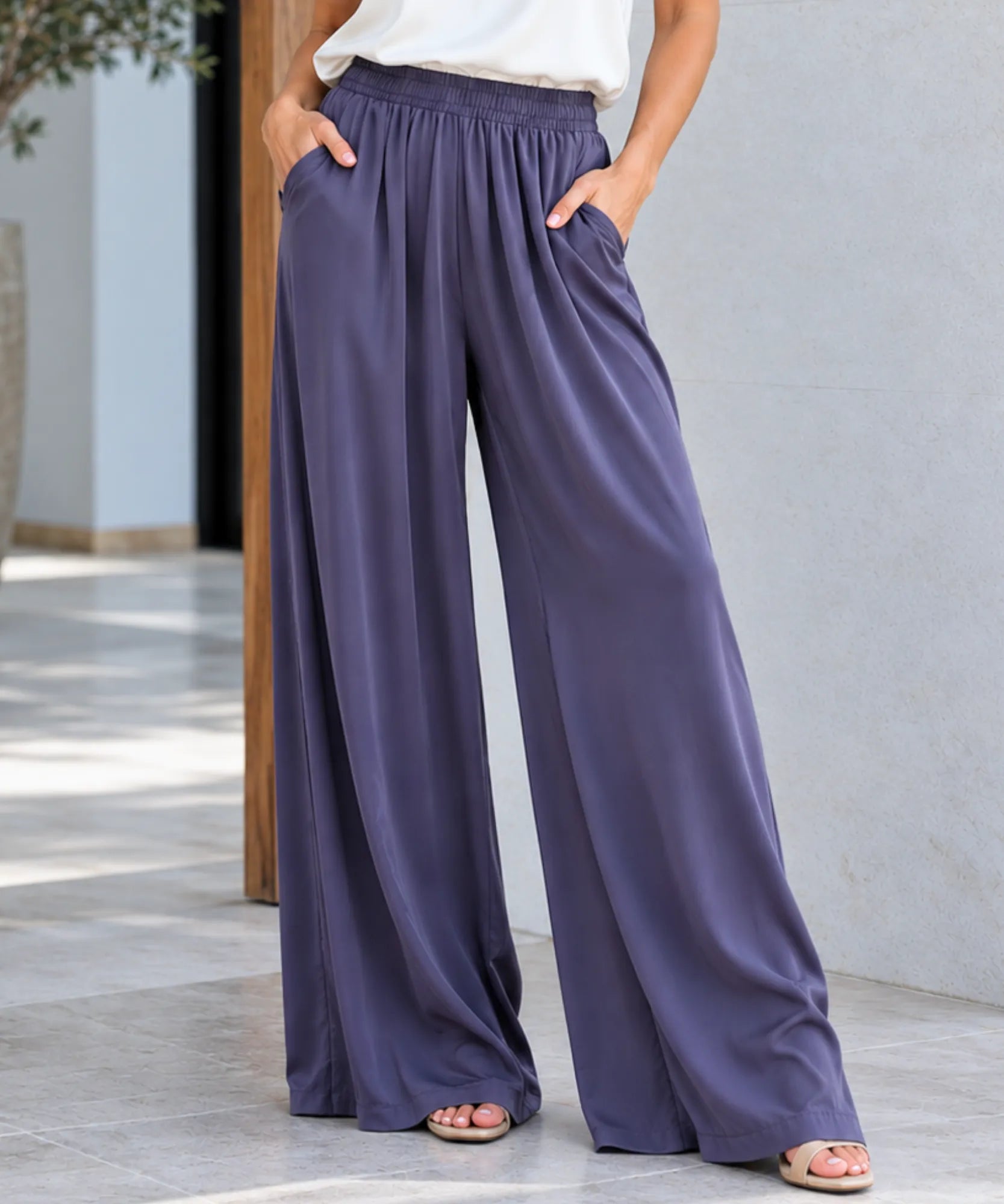 Comprar calça de seda pantalona feminina com bolsos lilás em promoção Anellimn