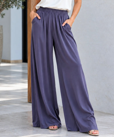 Comprar calça de seda pantalona feminina com bolsos lilás em promoção Anellimn