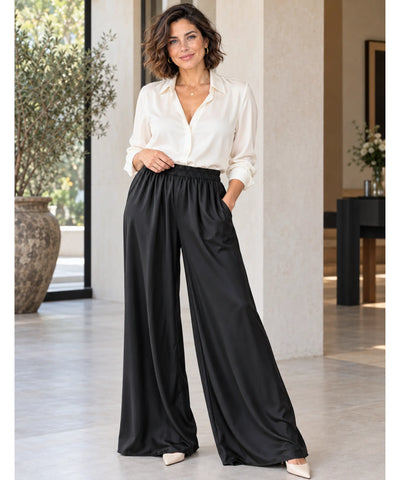 Comprar calça de seda pantalona feminina cós elástico preto em promoção Anellimn