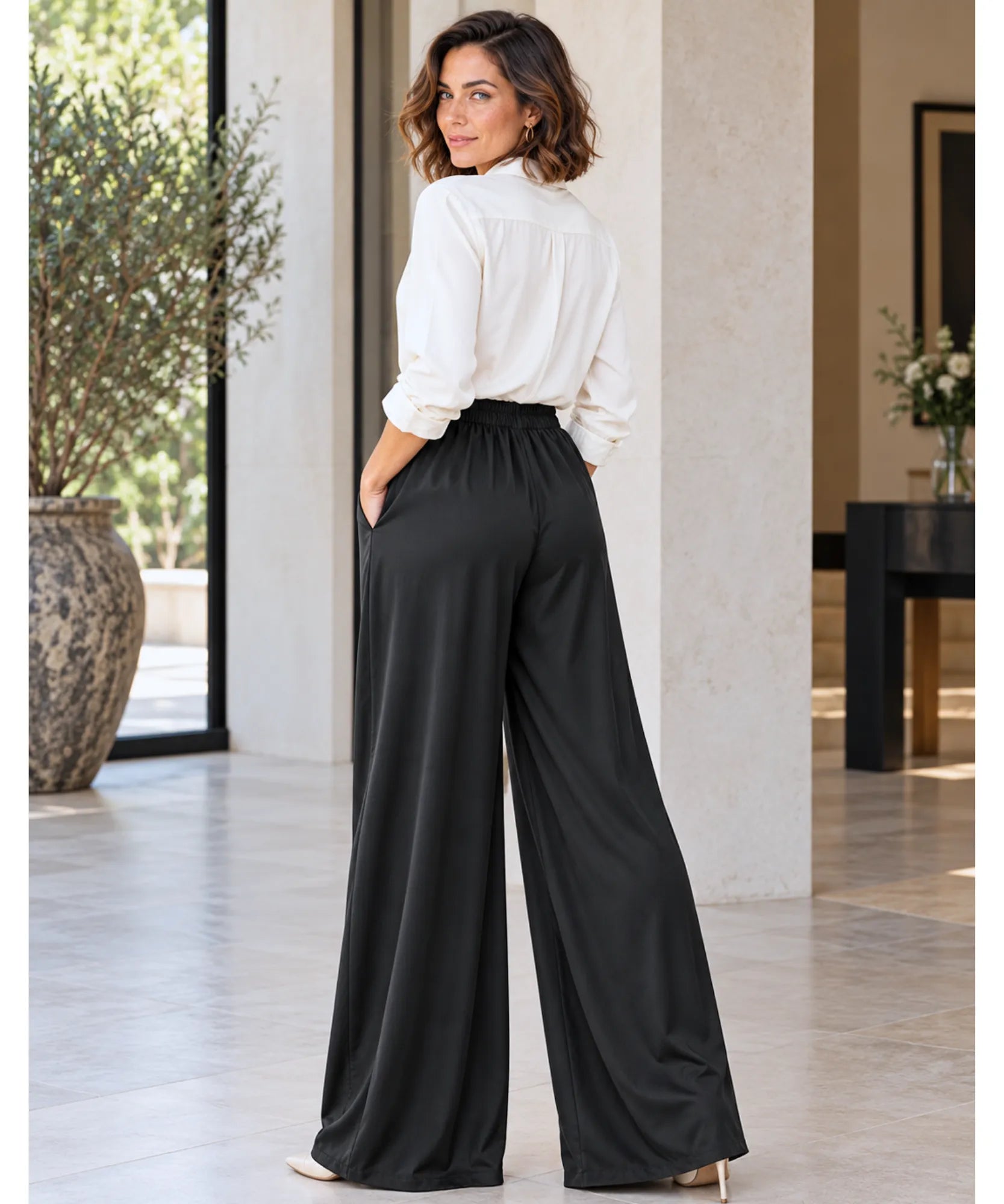 Comprar calça de seda pantalona feminina wide leg preto costas em promoção Anellimn