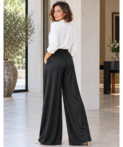 Comprar calça de seda pantalona feminina wide leg preto costas em promoção Anellimn