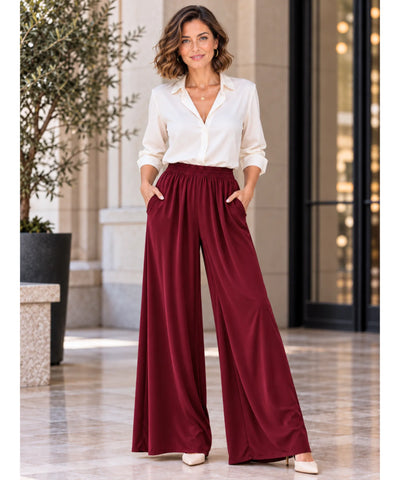 Comprar calça de seda pantalona feminina cós elástico vinho em promoção Anellimn