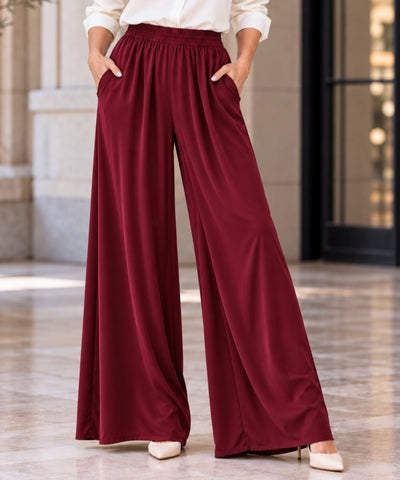 Comprar calça de seda pantalona feminina com bolsos vinho em promoção Anellimn