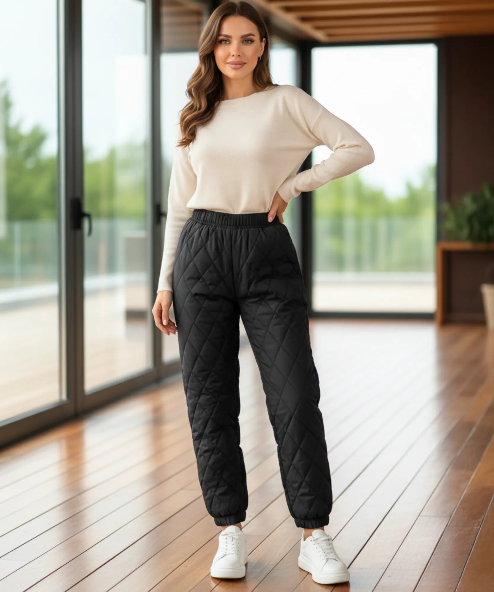 Comprar calça feminina matelassê acolchoada jogger streetwear casual cintura alta bolsos inverno em promoção ZARA
