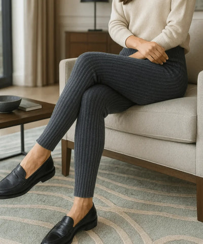 Comprar Calça feminina tricot canelada cintura alta confortável casual inverno barato ou em promoção