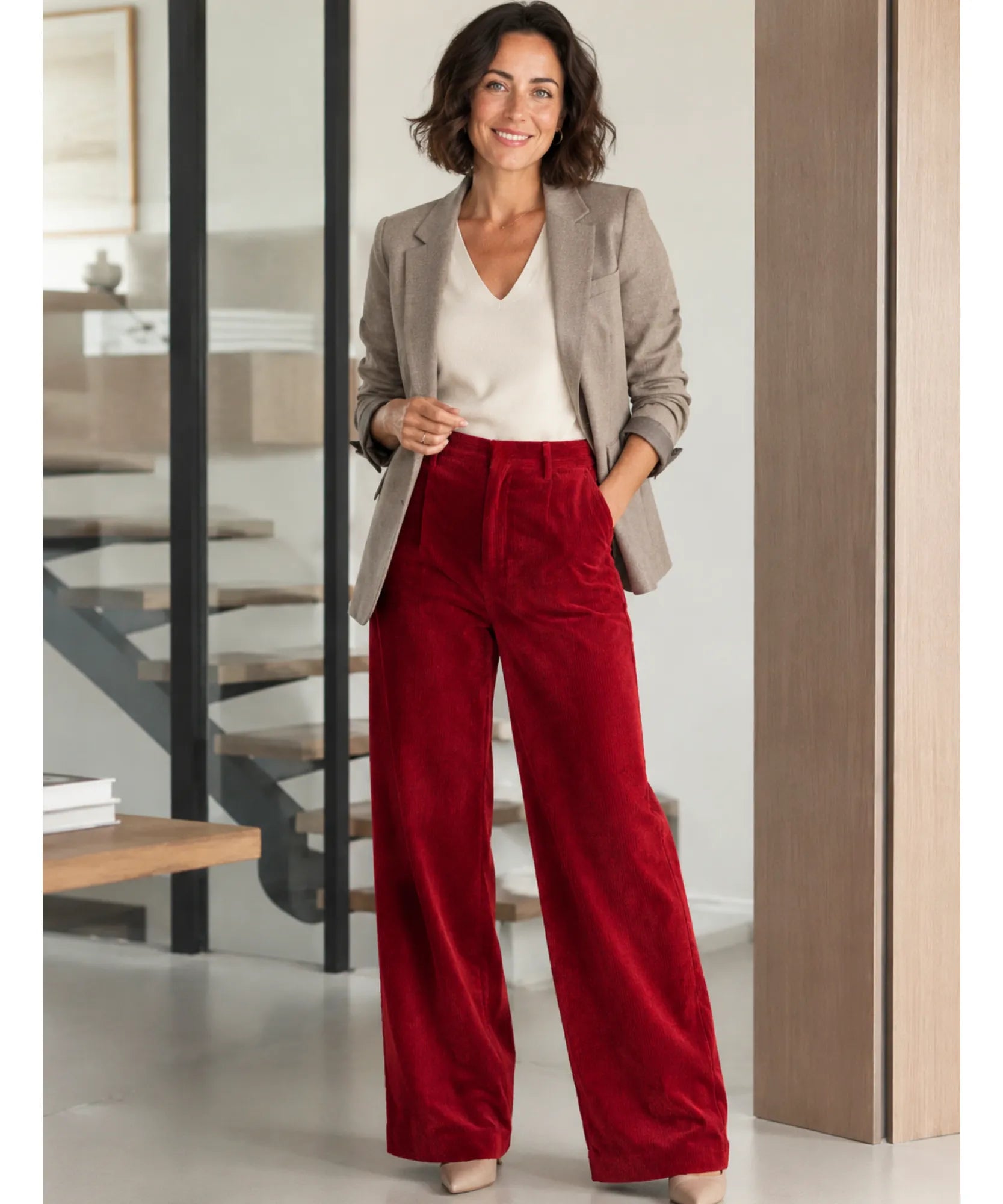Comprar Calça Flare Feminina Veludo Cotelê Cintura Alta Vermelha barato em promoção ANELLIMN