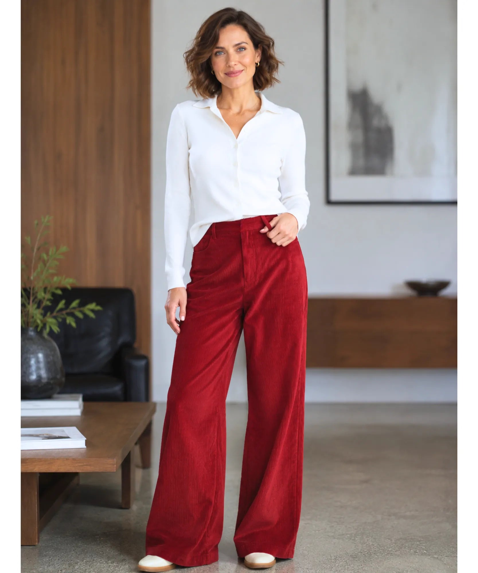 Comprar Calça Flare Feminina Veludo Cotelê Cintura Alta Vermelha barato em promoção ANELLIMN
