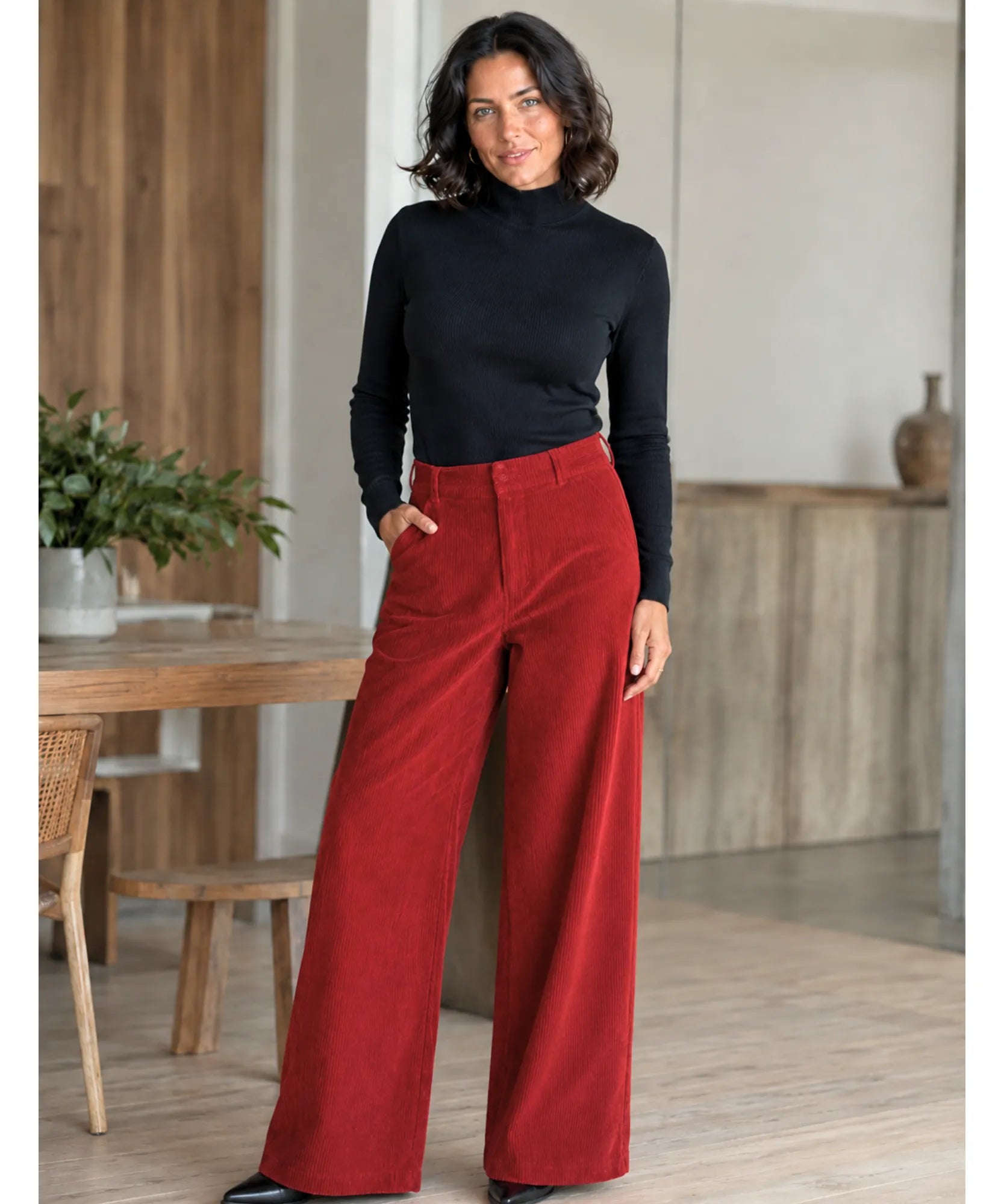 Comprar Calça Flare Feminina Veludo Cotelê Cintura Alta Vermelha barato em promoção ANELLIMN