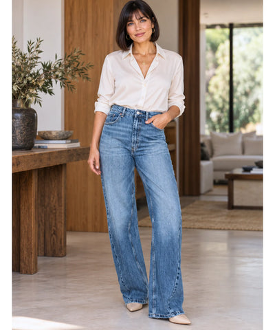 Comprar calça jeans barrel feminina cintura média azul em promoção Anellimn
