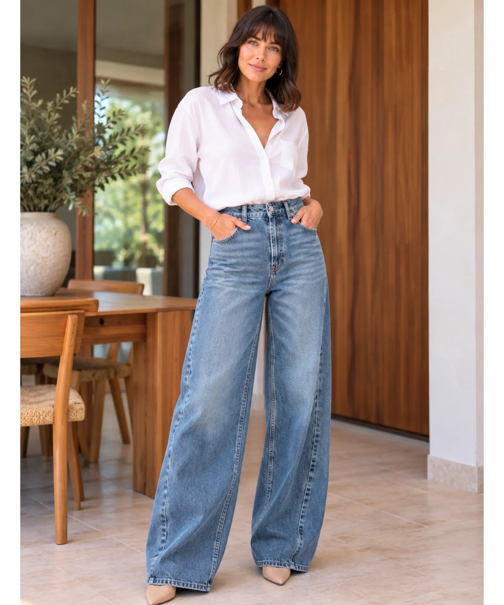 Comprar calça jeans barrel feminina perna curva azul em promoção Anellimn