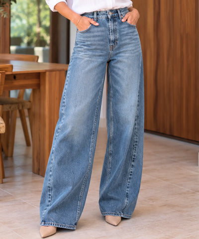 Comprar calça jeans barrel lavagem estonada azul em promoção Anellimn