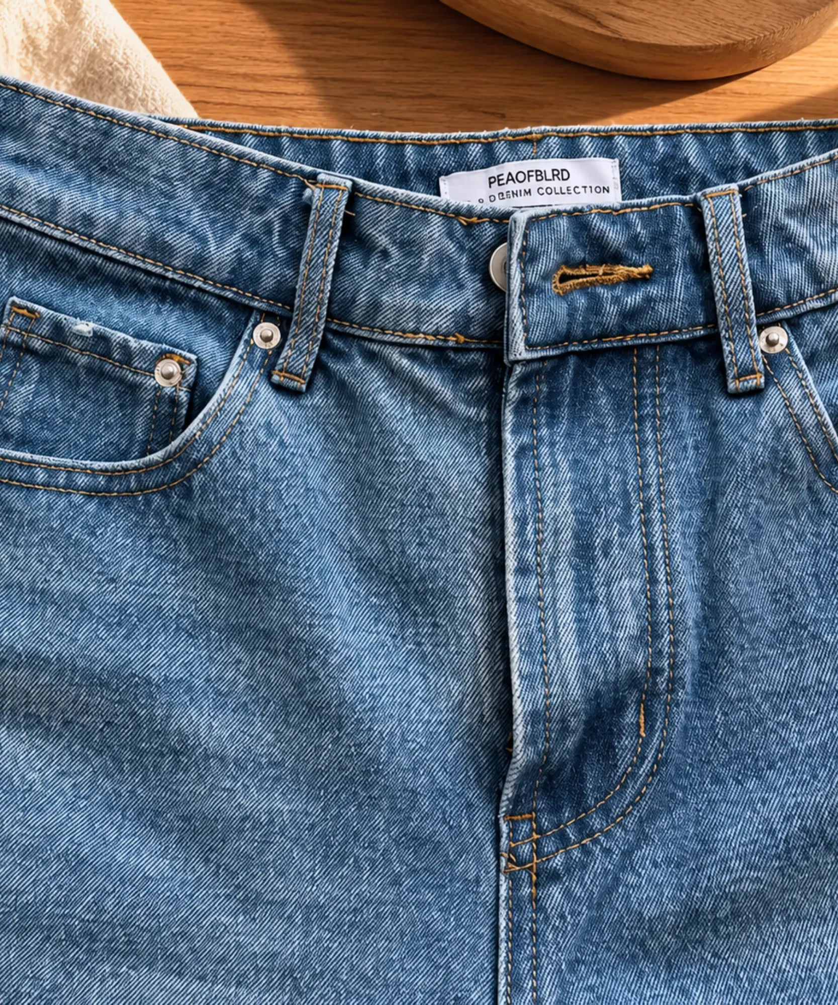 Comprar calça jeans barrel com bolsos e botão azul em promoção Anellimn