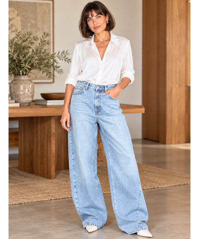 Comprar calça jeans barrel feminina azul claro em promoção Anellimn