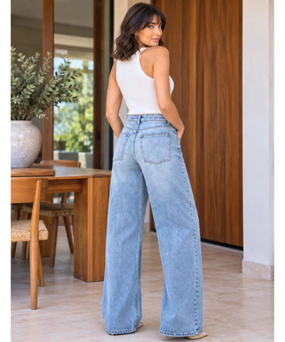 Comprar calça jeans barrel azul claro vista de costas em promoção Anellimn