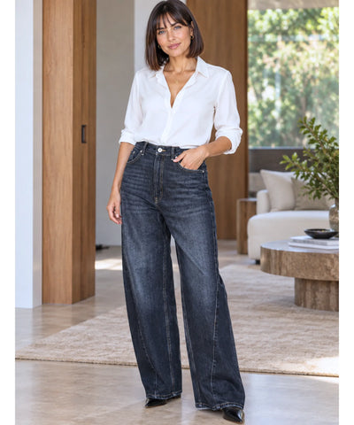 Comprar calça jeans barrel perna curva azul escuro em promoção Anellimn