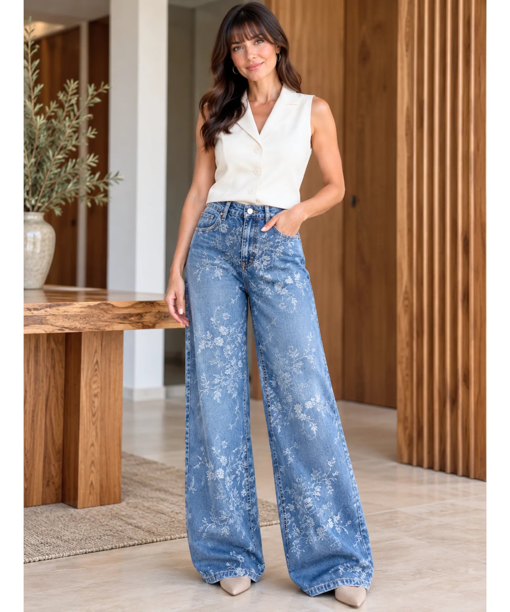 Comprar calça jeans bordada feminina wide leg cintura alta azul claro em promoção Anellimn