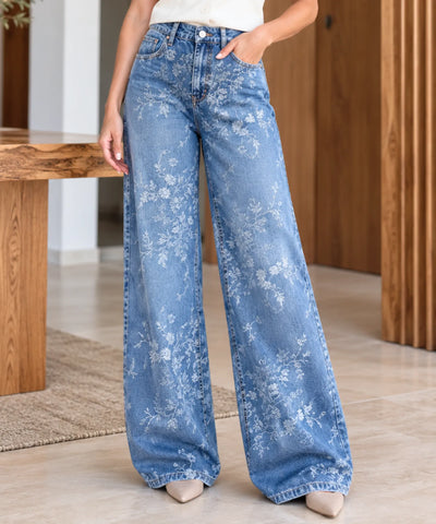 Comprar calça jeans bordada com flores detalhe da perna azul claro em promoção Anellimn