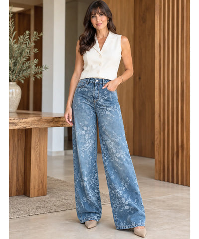 Comprar calça jeans bordada feminina perna larga azul claro em promoção Anellimn
