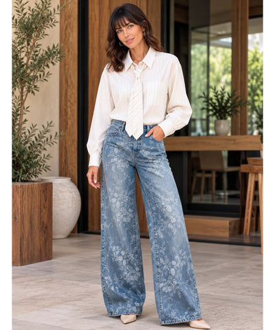 Comprar calça jeans bordada wide leg elegante azul claro em promoção Anellimn